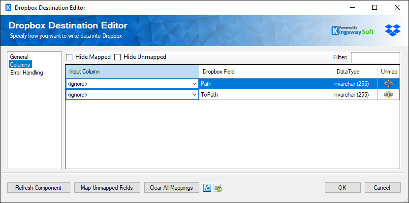 Dropbox Destination Editor